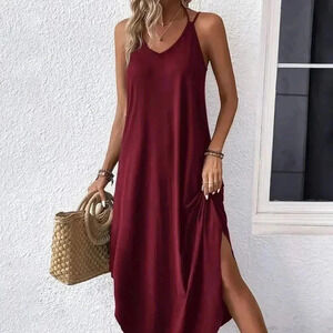 Elegant Sleeveless Curved Hem Dress (Color: Burgundy)